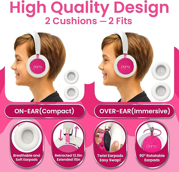 Puro Sound Labs Kids Wireless Headphones – Volume-Limiting 85dB, Built-In Mic, Studio-Grade Sound, 20-Hour Battery Life, Comfortable Fit & Easy to Connect Kids Bluetooth Headphones – BT2200 Plus, Pink