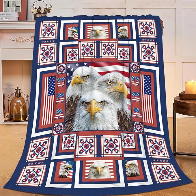 Eagle Throw Blanket American Flag Bald Eagle Stuff Gifts for Kids Girls Boys Adults Women Men Soft Cozy Warm Plush Fluffy Fuzzy Fleece Blanket Decor 50''X60''