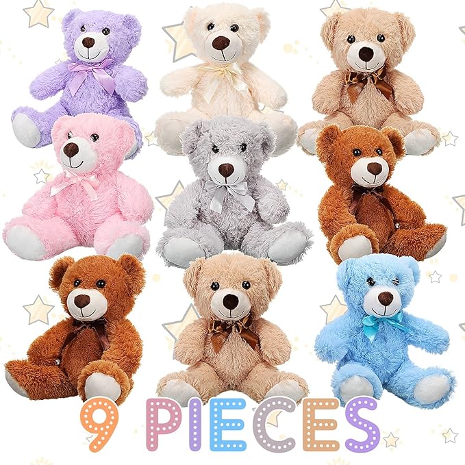Zhanmai 9 Packs Cute Bear Stuffed Animals 14 Inch Plush Bears in 7 Colors Stuffed Animals Bulk for Valentine Gift Graduation Baby Shower Birthday Party Favor(Multicolor)