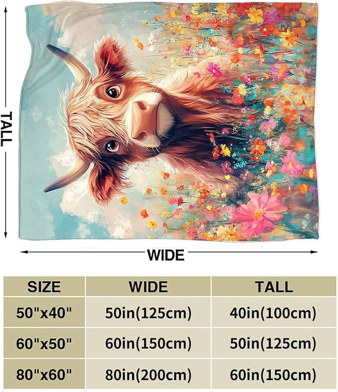Highland Cow Blanket Cute Cattle Throw Blankets for Girls Boys Women Men Gifts Plush Cozy Flannel Fleece Fuzzy Flower Blanket for Bed Couch Sofa 60"X50"