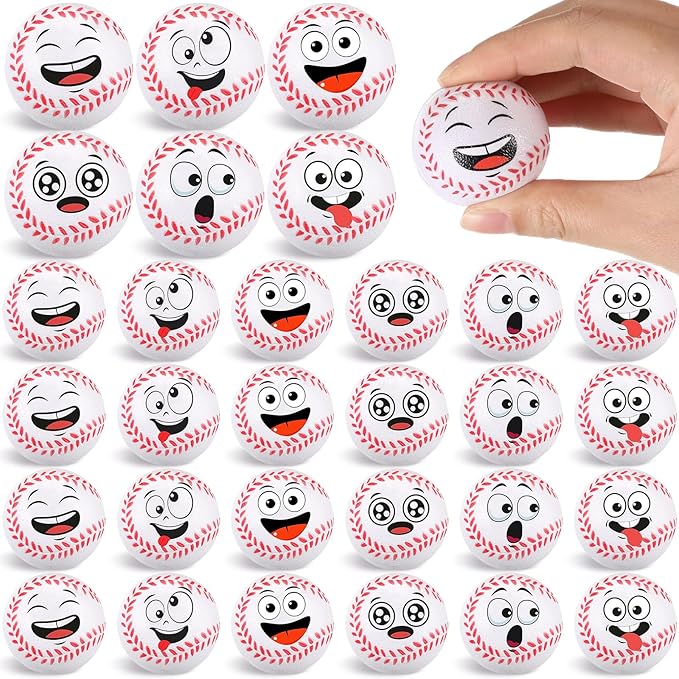 24 Pcs Mini Face Baseball Stress Balls for Boys Girls Fidget Toys Bulk Foam Balls for Stress and Anxiety Relief Balls for Party Favors Birthday Gift Decoration