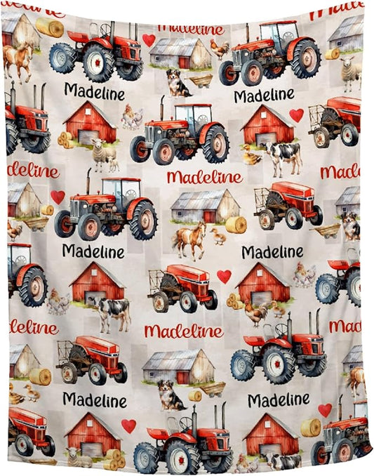 Custom Red Farm Tractor Blanket with Name PersonalizedRed Farm Tractor Blankets for Girls Boys Women Men Customized Blanket Gifts for Birthday 40"x50"for Kids/Small Pets