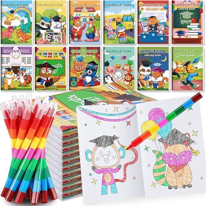 BenLouis 12 Kindergarten Graduation Mini Coloring Books Kids with 12 Stacking Crayons Preschool Classroom Party Favors Small Activity Books Bulk for Kids Student Grad Party Gift Goodie Bag Stuffers