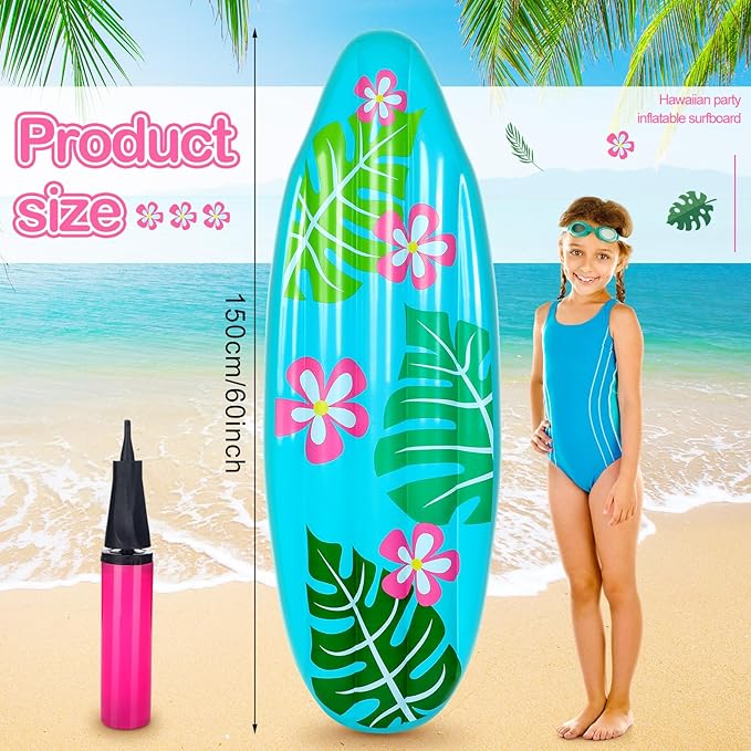60 Inch Luau Inflatable Surfboard for Beach Inflatable Surf Board Luau Decoration Tropical Inflatable Pool Surfboard Float for Surf Hawaiian Theme Summer Sea Party