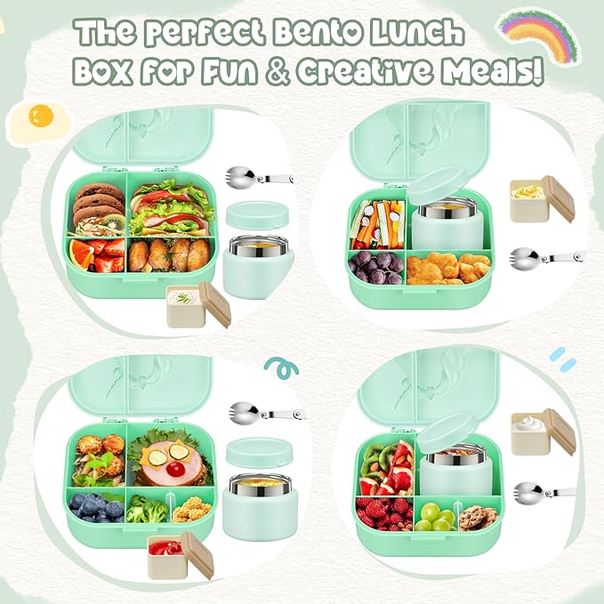 Kids Lunch Box Set -12oz Insulated Food Jar, Thermal Bag,Leakproof Lunch Food Containers Cutlery (BPA Free)-Gift for Girls/Boys Age 3-10(Green+Green Jar)