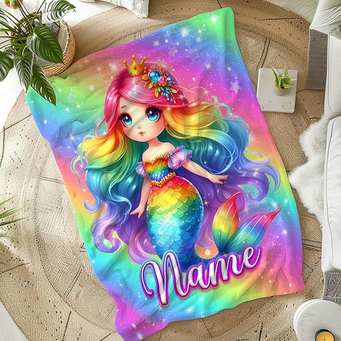 Girls Blanket Personalized Mermaid Throw Blankets Gift for Kids Teens Age 8-12, 50x60 Inches Comfy Soft Custom Flannel Throw for Couch Bedroom Living Room Decor Cute Stuff Gifts Ideas
