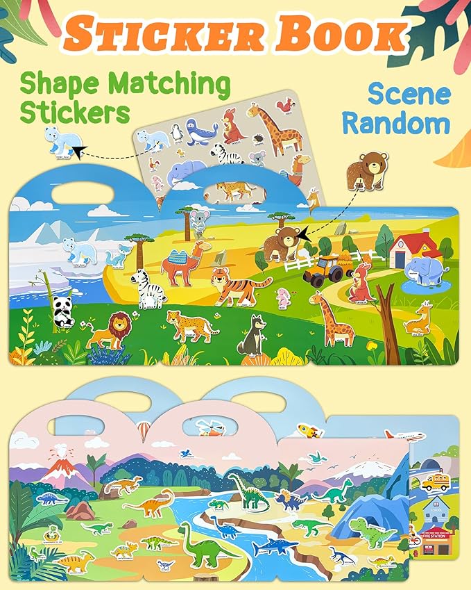 Benresive Reusable Sticker Book for Toddlers 2-4 Years, 3 Sets Travel Stickers for Kids, Waterproof Sticker Books for Toddlers 1-3, Crafts Activities for Todddlers 1-3 2-4 3-5