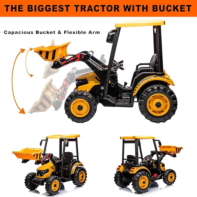 Kidsera 24V Ride on Tractor with Front Loader, Ride On Excavator with 24volt Dual Motors 4-Gearbox Metal Frame Kids Electric Vehicles 24V Power Wheels 24v Ride on Toys for Big Kids (Yellow)