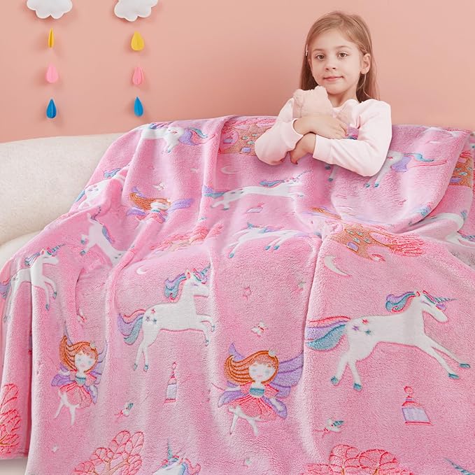 Glow in The Dark Unicorn Blanket,Unicorn Gifts Toys for Girls,Birthday Presents Decor for Kids Age 3-14 Year Old Daughter Teen Child Toddler Soft Luminous Christmas Bedroom Blanket (50"x60")