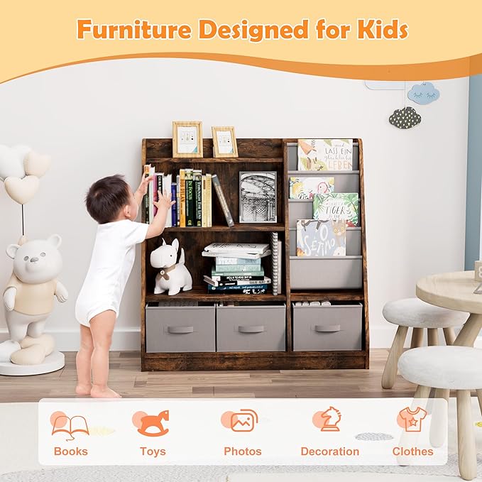 Rustic Kids Bookshelf Wood Montessori Toy Storage Organizer Cabinet Shelf Child Bookcase Toddler Baby Sling Book Rack 3 Cube Bin Fabric Drawers for Playroom Bedroom Nursery School