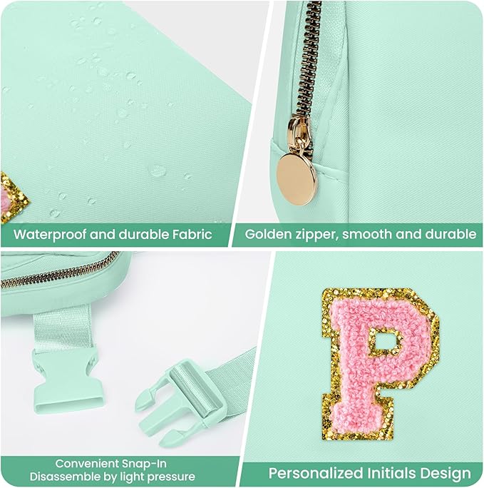 Personalized Belt Bag Crossbody Bag for Women Girls Teen Gifts, Fashion Waist Packs with Adjustable Strap, Trendy Travel Mini Fanny Pack with Initial Letter (Green,P)