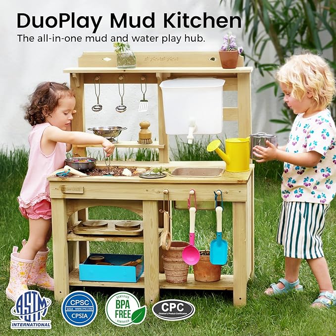 Tiny Land Outdoor Mud Kitchen for Kids, Wooden Play Kitchen with Water Tank, Water Play, Cooking, & Sensory Fun, Durable & Weather-Resistant Design with Storage, Gift for Ages 3+