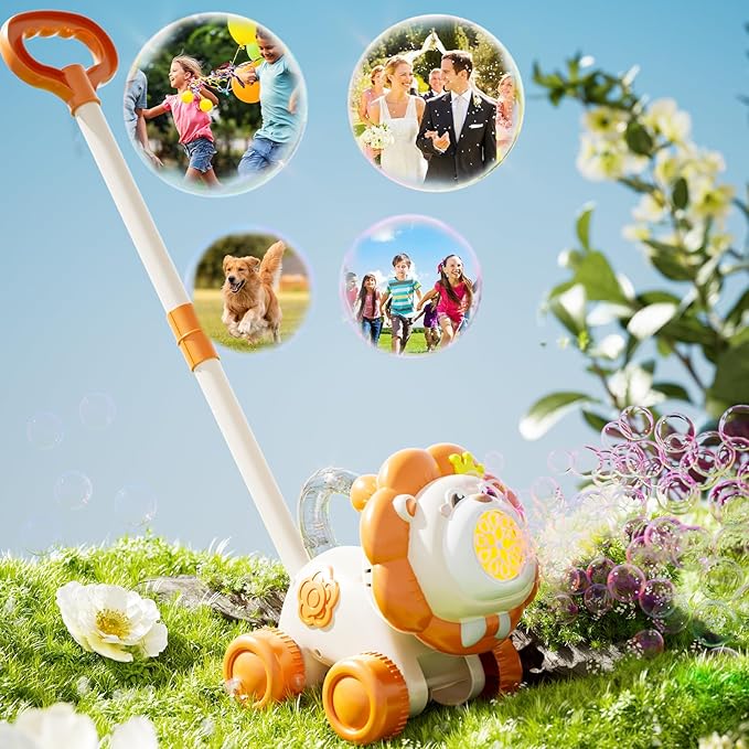 Lion Bubble Lawn Mower for Toddlers, Automatic Bubble Machine Maker for Kids, Summer Outdoor Yard Garden Activity Push Toys, Birthday Gift for Boys Girls 3 4 5 Year Old