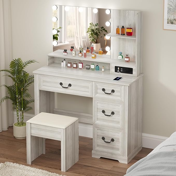 Vanity Desk with Mirror Light and Power Outlet, 39 inch Farmhouse Makeup Table Set with Stool, 3 Color Adjustable Lights Bedroom Dressing Table with 4 Drawer for Women Girls Teens, Gray White