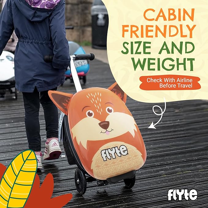 Flyte Frazer the Fox Scooter Suitcase - Rideable, Carry on Compliant 2-in-1 Children's Suitcases, 18 inch Ride on Suitcase for Kids, 25 Litre Capacity Kids' Luggage on Wheels for Children Aged 4+