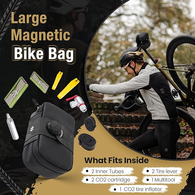 Lumiere & Co. Falcon Magnetic Bike Saddle Bag – 0.69L | 6" x 3.5" x 2" | Sleek Minimalist Brick Design, Fast Magnetic Buckle Attachment | Road Cycling–Specific Bike Seat Bag (Black, Large)