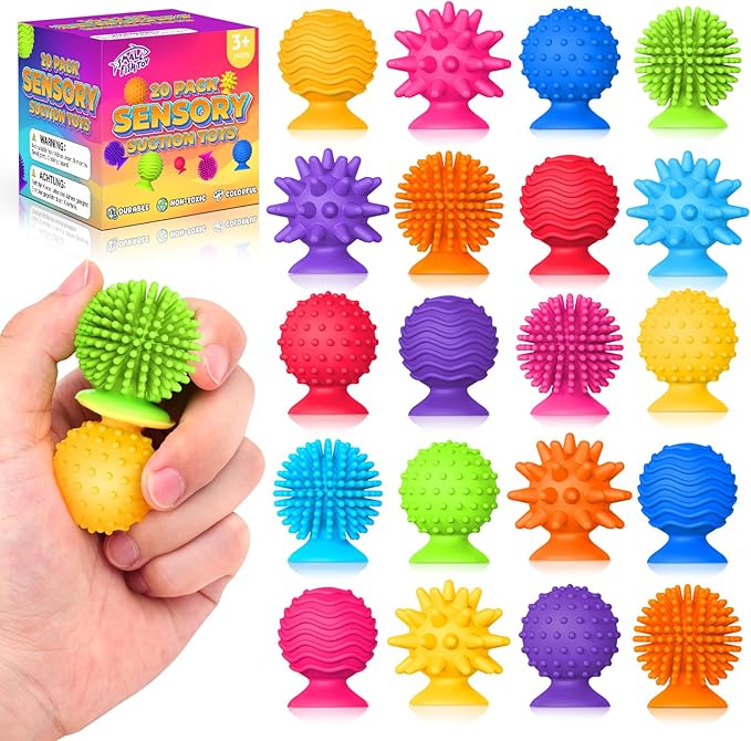 Sensory Fidget Toys Kids Adults ：20 Pack Textured Suction Cup Sensory Toys for Kids with Autism- Bulk Fidgets for Students Classroom Prize-Squishy Bath Calm Down Corner Supplies for Boys Girls Gifts