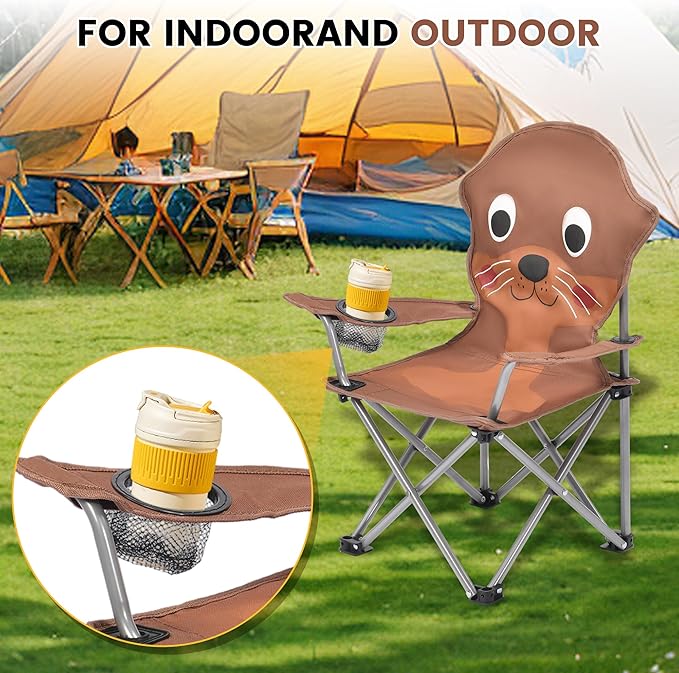 XMT Kids Folding Chair with Cup Holder - Portable Lightweight Outdoor & Indoor Chair for Children Ages 3-9, Anti-Slip Base, Sturdy Metal Frame, Compact Foldable Design with Carry Bag (Yellow/Brown)