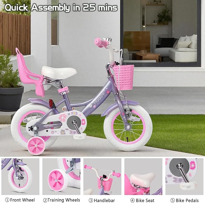 Glerc Maggie Girls Bike, 12-20 Inch Kids Bike for 2-13 Years Old Children, Princess Style Kids Bicycle with Doll-Seat & Basket & Training Wheels, Multiple Colors