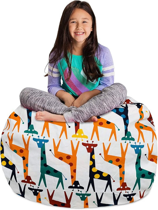 Posh Creations Stuffable Kids Stuffed Animal Storage Bean Bag Chair Cover - Childrens Toy Organizer, Large-38 - Canvas Giraffes on White