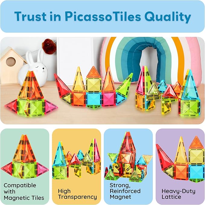 PicassoTiles 36pcs Mini Size Magnetic Tiles Magnet Toys Diamond Series Sensory Construction Building Blocks Set STEM Learning Travel Size Educational Toy for Kids Boys Girls Toddlers Age 3+ PTM36