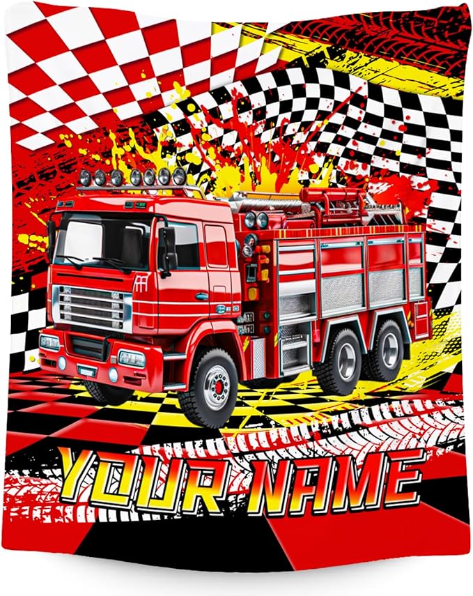 Boys Blanket, Fire Truck Blanket for Boys, Personalized Throw with Name, Custom Car Gifts for Kids, Warm Fleece Throw for Couch & Sofa, 30"x40"