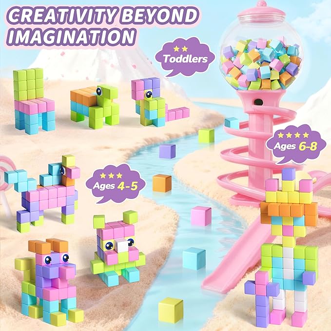 65PCS Magnetic Blocks with Magnet Eyes Toy, Magnetic Building Blocks with Storage Bag for Kids Gifts, STEM Preschool Sensory Magnetic Cubes for Toodlers Boys Girls Ages 3 4 5 6 7 8, Macaron Color