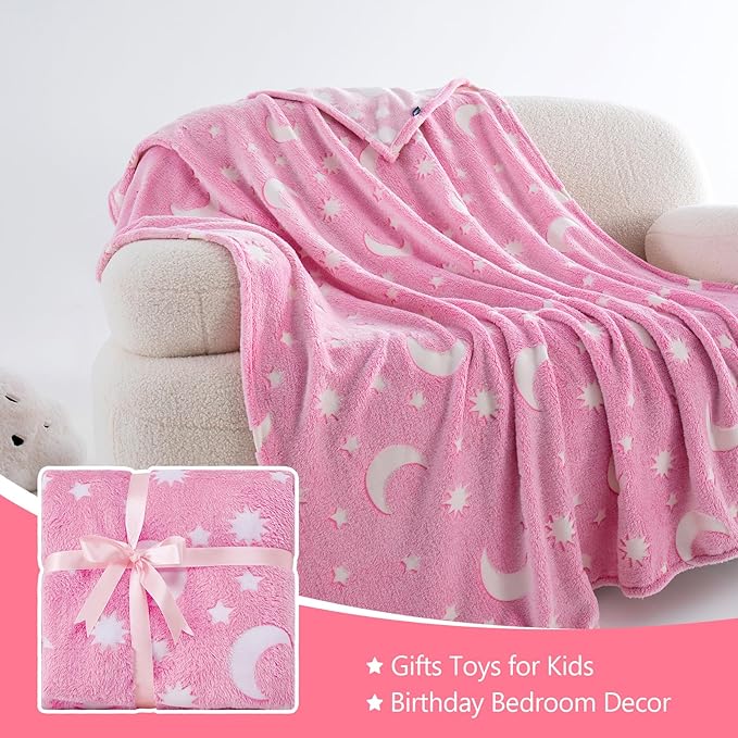 QSTEHEML Pink Moon Glow in The Dark Blanket,Star Gifts Toys for Kids Girls Birthday Christmas Bedroom Decor for Age 3-12 Years Old Toddler Teens Child Daughter Soft Luminous Blanket，50"×60"
