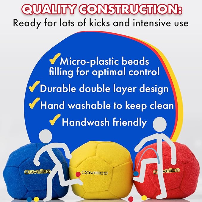 Footbag Hacky Set of 3 for Kids, Teens & Adults. Yellow, Blue & Red Sack - Each 2.28 inch, 1.6oz, Durable Dual Layered Synthetic Suede, Instructions & Stylish Bag, Solo or Group Footbag Game