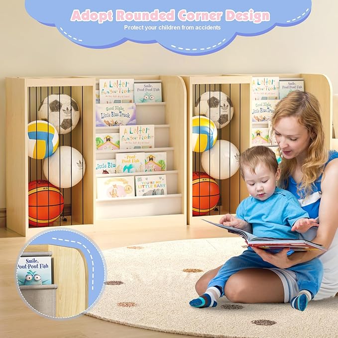 Natural Wood Kids Bookshelf & Stuffed Animal Net Holder Plush Toy Storage Organizer Child Bookcase Toddler Baby Sling Book Rack for Playroom Bedroom Nursery Infant Boys Girls Preschool
