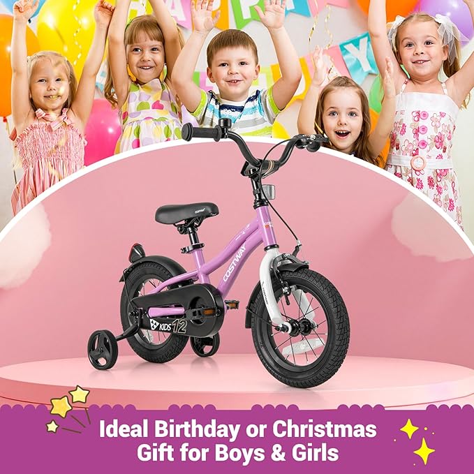 COSTWAY 12/14/16/18 Inch Kids Bike, Children Toddler Bicycle with Training Wheels, Adjustable Seat & Handlebar, Handbrake & Coaster Brake, Reflectors, Bell, Suitable for 3-8 Years Old Boys Girls