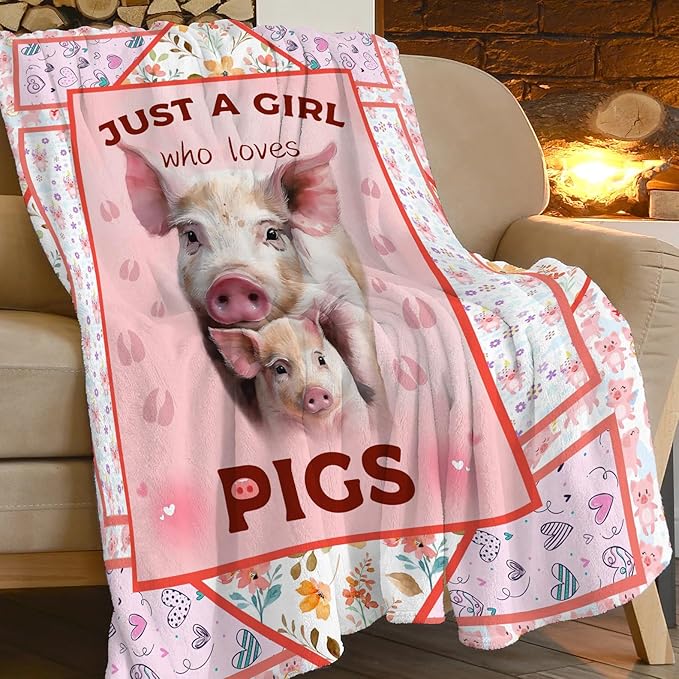 Cute Pig Blanket Just A Girl Who Loves Pigs Throw Blanket Ultra Soft Cozy Fleece Flower Animal Gift Fuzzy Plush Bedding Blankets for Kids Teens Adults Girls Boys Women Men 60"x50"
