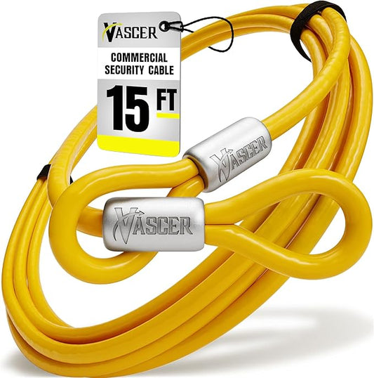 15FT (1/2") Commercial Steel Cable with Looped Ends - Industrial Use Protection - PVC Coated Heavy Duty Chain-Long Galvanized Wire Rope Braided Security - Secure Valuable High End Equipment