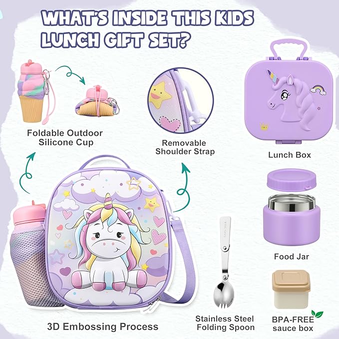 Kids Lunch Box Set -12oz Insulated Food Jar, Thermal Bag,Leakproof Lunch Food Containers Cutlery (BPA Free)-Gift for Girls/Boys Age 3-10(Purple+Purple Jar)