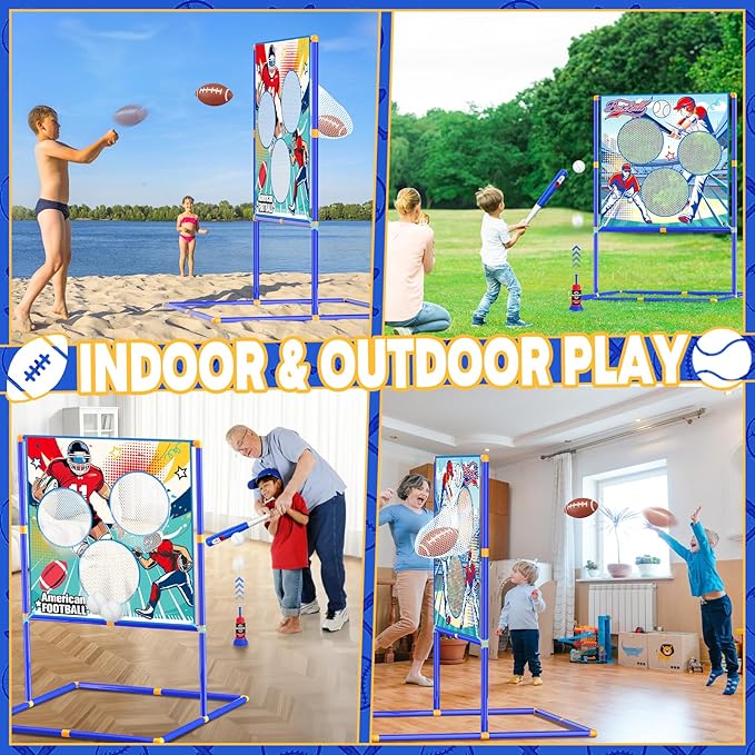 2-in-1 Football & Baseball Toss Target Games for Kids 4-8 8-12, 3-Hole Double-Sided Strike Zone with T Ball Set and Ball Launcher for Toddlers, Indoor Outdoor Toys Backyard Sport Gifts for Boys