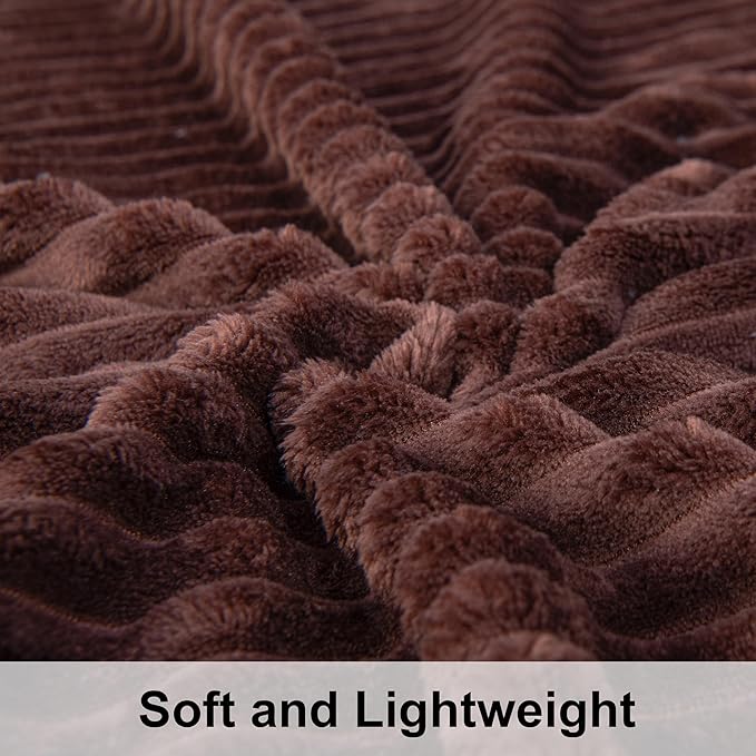NTBAY Plush Flannel Twin Bed Blanket, 60x80 Inches Soft and Warm Lightweight Bed Blanket with Striped Texture for Couch, Sofa, All Seasons, Brown