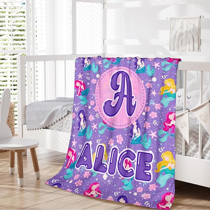 Kids Girls Blankets Gift, Personalized Mermaid Blanket with Initial Monogram Name for Kids Toddlers Girls Age 6-8, Soft Cozy Flannel Throw for Sofa Bed Couch Decor