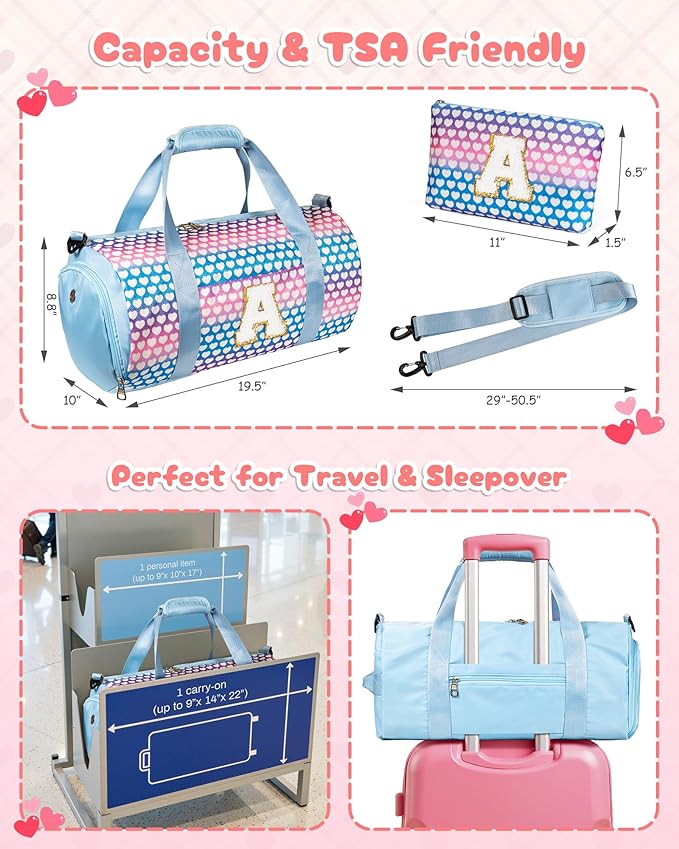 Christmas Gifts for Grandkids, Girls Travel Duffel Bag, Kids Initial Overnight Bags with Shoe Compartment, Initial Duffle Bag with Makeup Pouch, Teenage Girl Trendy Gift (Letter V)