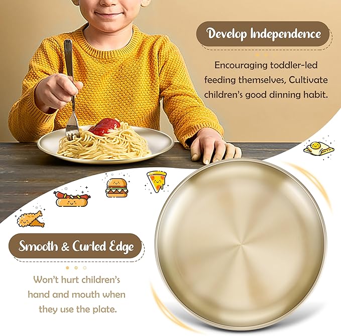 HaWare 4-Piece 18/8 Stainless Steel Plates, Metal 304 Dinner Dishes for Kids Toddler Children, 8 Inch Feeding Serving Camping Plate, Reusable Dinnerware, Unbreakable & Non-toxic, Dishwasher Safe, Gold