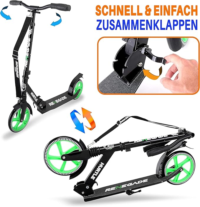 Hurtle Renegade Kick Scooter for Kids, Teenagers & Adults - 2-Wheel Folding Scooter with Adjustable T-Bar Handlebar - Alloy Anti-Slip Deck