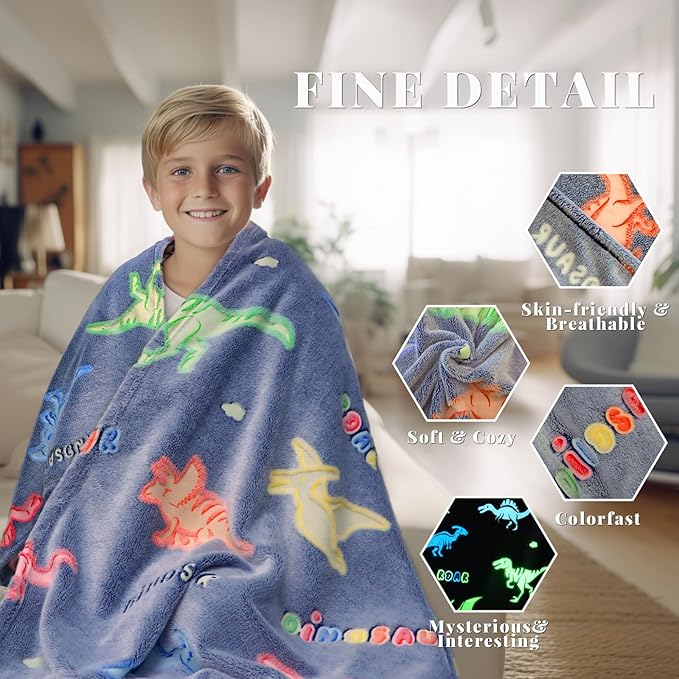 Dinosaur Blanket Glow in The Dark Dino Blankets for Boys Kids Dinosaurs Toys for Boys Gifts Soft Fleece Cute Toddler Blanket for Bed Dinosaur Decor Kids Birthday Christmas Valentines Presents