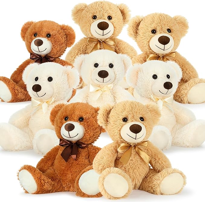 MorisMos 8Pcs Teddy Bears Bulk Baby Shower, 14inch Cute Teddy Bear Stuffed Animals Plush, Small Stuffed Bears on Centerpiece Baby Shower, Brown
