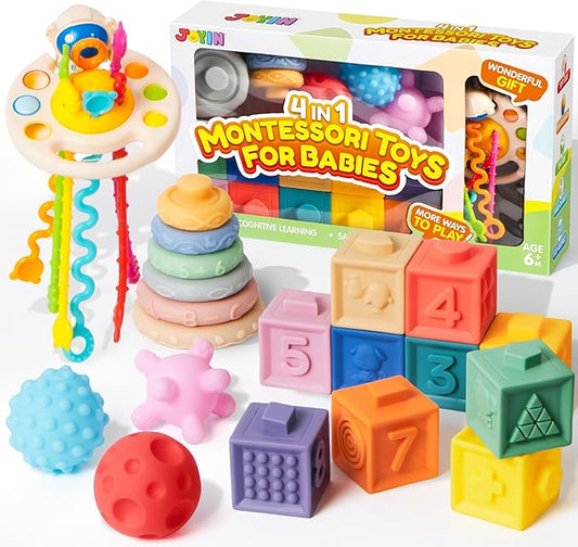 JOYIN Baby Toys - Montessori Toys for Babies, Food-Grade Sensory Present Infant Stacking Circles Teether, Blocks, 3D Stress Balls, Pull String, Learning Gifts for Baby Girls Boys