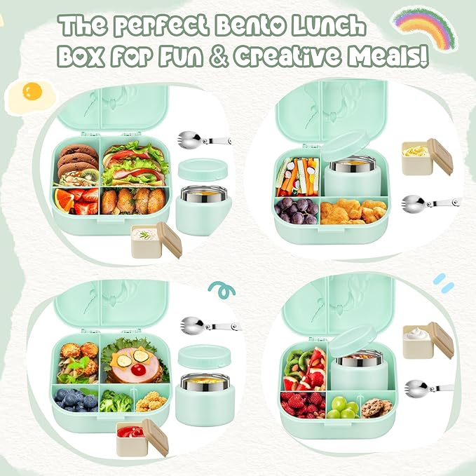 Kids Lunch Box Set -12oz Insulated Food Jar, Thermal Bag,Leakproof Lunch Food Containers Cutlery (BPA Free)-Gift for Girls/Boys Age 3-10(Green+Green Jar)