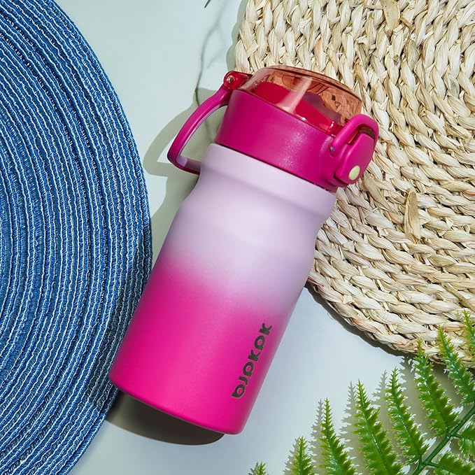 BJPKPK Insulated Water Bottle 14oz Stainless Steel Water Bottles With Straw And Carry Handle Double Wall Metal Thermo,Cherry Blossom