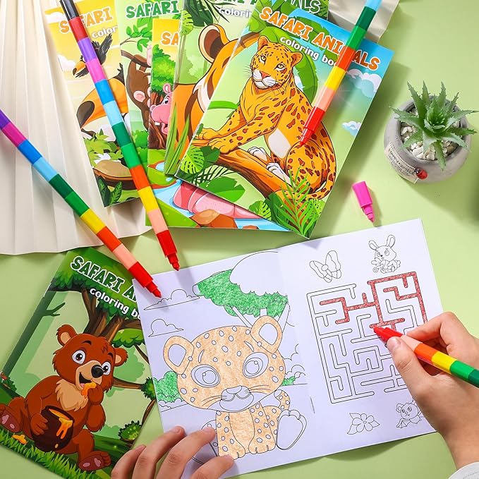 BenLouis 12 Jungle Safari Mini Coloring Books Kids with 12 Stacking Crayons Zoo Animals Lion Party Favors Small Activity Books Bulk for Kids Wild One Party Gift Goodie Bag Stuffers