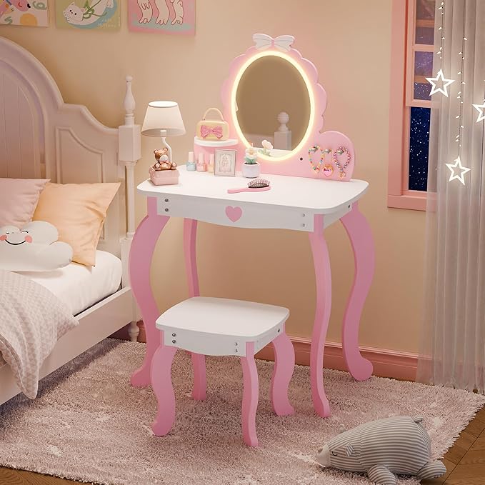 MU Kids Vanity Set with Lighted Mirror and Stool, Kids Makeup Vanity Desk with Storage Space, Bow Pattern for Little Girls, Toddler Princess Makeup Dressing Table with Chair Set, Pink