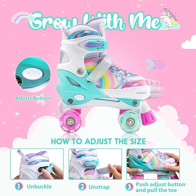 SULIFEEL Rainbow Unicorn 4 Size Adjustable Light up Roller Skates for Girls Boys for Kids