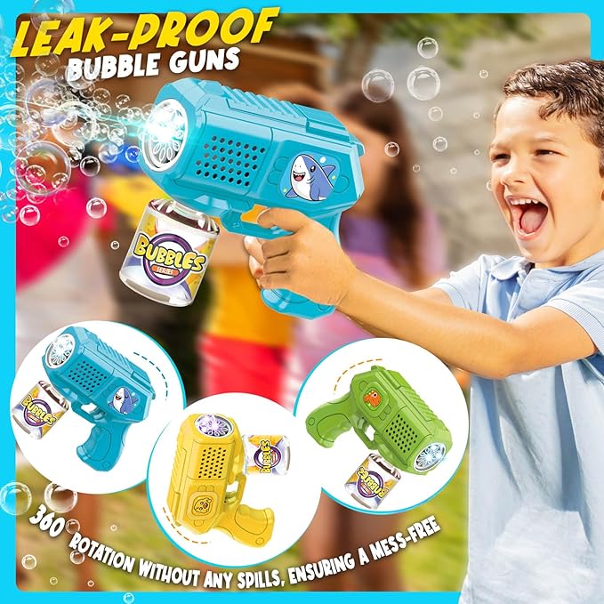 Bubble Guns with Bubble Solution- 3 Pack, Bubbles Gun, Blaster, Blower, Maker, Machine for Boys Girls, Birthday Gifts for Ages 3 4 5 6 7 8 Year Old Kid, Outdoor Toys for Toddlers, Party, Wedding