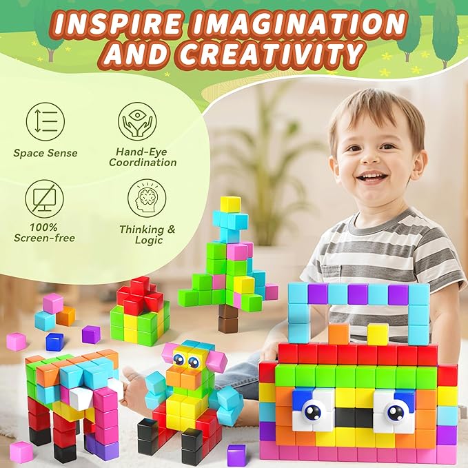 116PCS Magnetic Blocks with Magnet Eyes Toy, Magnetic Building Blocks with Storage Bag for Kids Gifts, STEM Preschool Sensory Magnetic Cubes for Toodlers Boys Girls Ages 3 4 5 6 7 8, Bright Color